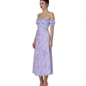Adeirlina Midi Dress Lavender Wisteria Off-Shoulder Puff Sleeve‎ Midi Dress l S